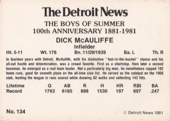 1981 Detroit News Detroit Tigers #134 Dick McAuliffe Back
