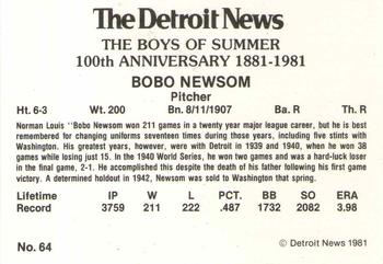 1981 Detroit News Detroit Tigers #64 Bobo Newsom Back