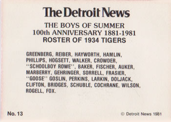 1981 Detroit News Detroit Tigers #13 1934 Tigers Back