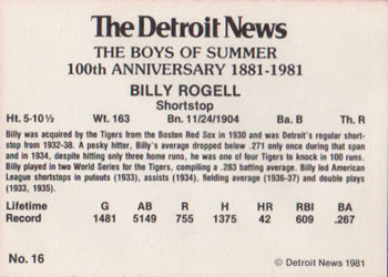 1981 Detroit News Detroit Tigers #16 Billy Rogell Back