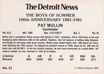 1981 Detroit News Detroit Tigers #21 Pat Mullin Back