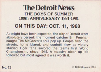 1981 Detroit News Detroit Tigers #23 What A Night! Back