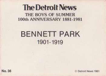 1981 Detroit News Detroit Tigers #36 Bennett Park Back