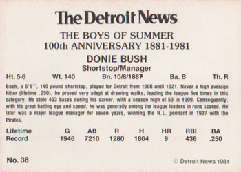 1981 Detroit News Detroit Tigers #38 Donie Bush Back