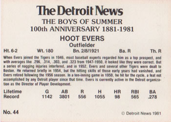 1981 Detroit News Detroit Tigers #44 Hoot Evers Back