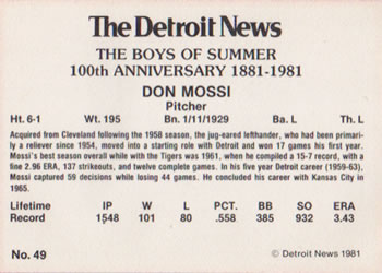 1981 Detroit News Detroit Tigers #49 Don Mossi Back