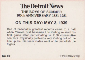 1981 Detroit News Detroit Tigers #50 Lou Gehrig Streak Ends in Detroit At 2,130 Games Back