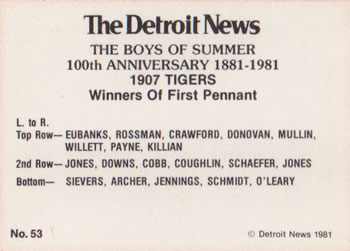 1981 Detroit News Detroit Tigers #53 1907 Tigers Back