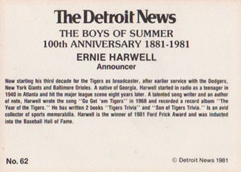 1981 Detroit News Detroit Tigers #62 Ernie Harwell Back