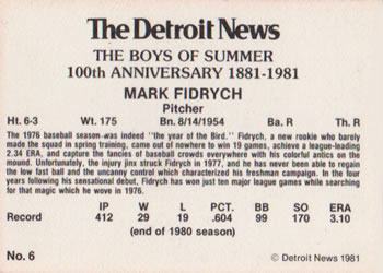 1981 Detroit News Detroit Tigers #6 Mark Fidrych Back