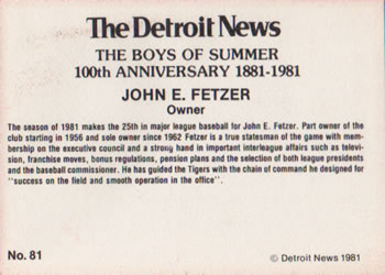 1981 Detroit News Detroit Tigers #81 John E. Fetzer Back