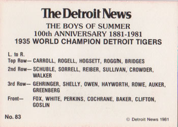 1981 Detroit News Detroit Tigers #83 1935 Tigers Back