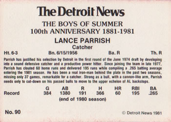 1981 Detroit News Detroit Tigers #90 Lance Parrish Back