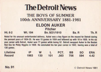 1981 Detroit News Detroit Tigers #91 Eldon Auker Back