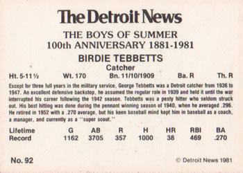 1981 Detroit News Detroit Tigers #92 Birdie Tebbetts Back