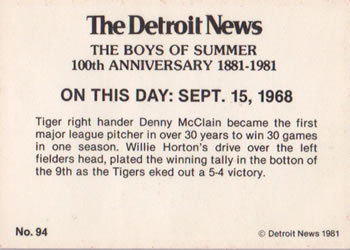 1981 Detroit News Detroit Tigers #94 Tiger Rally Gives Denny McLain No. 30 Back