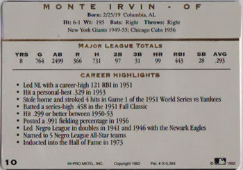 1993 Action Packed All-Star Gallery Series I #10 Monte Irvin Back