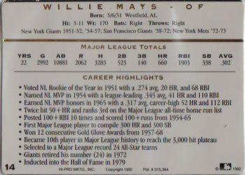 1993 Action Packed All-Star Gallery Series I #14 Willie Mays Back