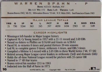 1993 Action Packed All-Star Gallery Series I #16 Warren Spahn Back