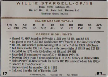 1993 Action Packed All-Star Gallery Series I #17 Willie Stargell Back