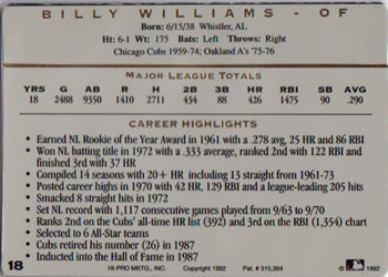 1993 Action Packed All-Star Gallery Series I #18 Billy Williams Back