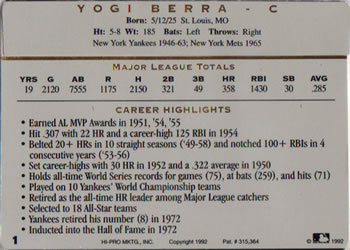 1993 Action Packed All-Star Gallery Series I #1 Yogi Berra Back