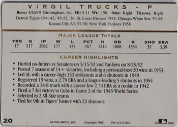 1993 Action Packed All-Star Gallery Series I #20 Virgil Trucks Back