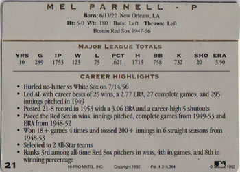 1993 Action Packed All-Star Gallery Series I #21 Mel Parnell Back