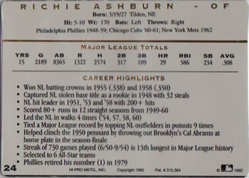 1993 Action Packed All-Star Gallery Series I #24 Richie Ashburn Back
