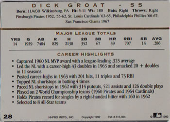 1993 Action Packed All-Star Gallery Series I #28 Dick Groat Back