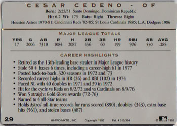 1993 Action Packed All-Star Gallery Series I #29 Cesar Cedeno Back