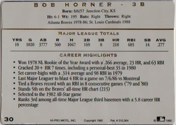 1993 Action Packed All-Star Gallery Series I #30 Bob Horner Back