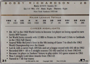 1993 Action Packed All-Star Gallery Series I #31 Bobby Richardson Back