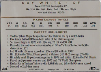 1993 Action Packed All-Star Gallery Series I #34 Roy White Back