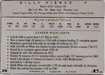 1993 Action Packed All-Star Gallery Series I #38 Billy Pierce Back