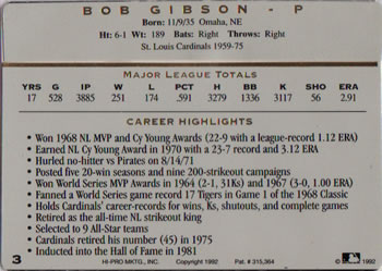 1993 Action Packed All-Star Gallery Series I #3 Bob Gibson Back