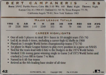 1993 Action Packed All-Star Gallery Series I #42 Bert Campaneris Back