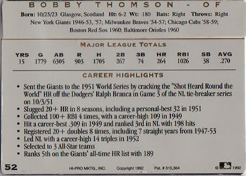 1993 Action Packed All-Star Gallery Series I #52 Bobby Thomson Back