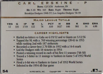 1993 Action Packed All-Star Gallery Series I #54 Carl Erskine Back