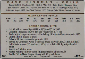 1993 Action Packed All-Star Gallery Series I #56 Dave Kingman Back