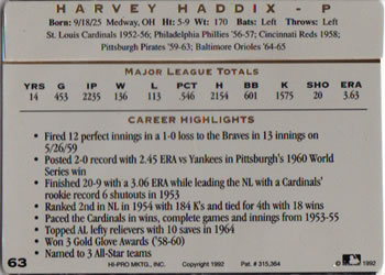 1993 Action Packed All-Star Gallery Series I #63 Harvey Haddix Back