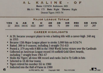 1993 Action Packed All-Star Gallery Series I #6 Al Kaline Back