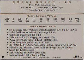 1993 Action Packed All-Star Gallery Series I #8 Bobby Doerr Back