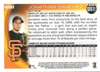 2010 Topps San Francisco Giants World Series Champions #SFG11 Jonathan Sanchez Back