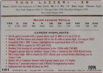 1993 Action Packed All-Star Gallery Series II #101 Tony Lazzeri Back