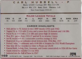 1993 Action Packed All-Star Gallery Series II #103 Carl Hubbell Back