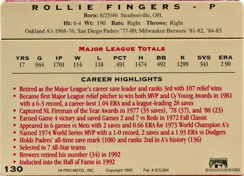 1993 Action Packed All-Star Gallery Series II #130 Rollie Fingers Back