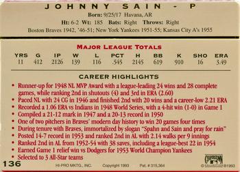 1993 Action Packed All-Star Gallery Series II #136 Johnny Sain Back