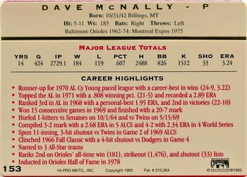 1993 Action Packed All-Star Gallery Series II #153 Dave McNally Back