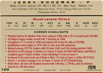 1993 Action Packed All-Star Gallery Series II #160 Jerry Koosman Back